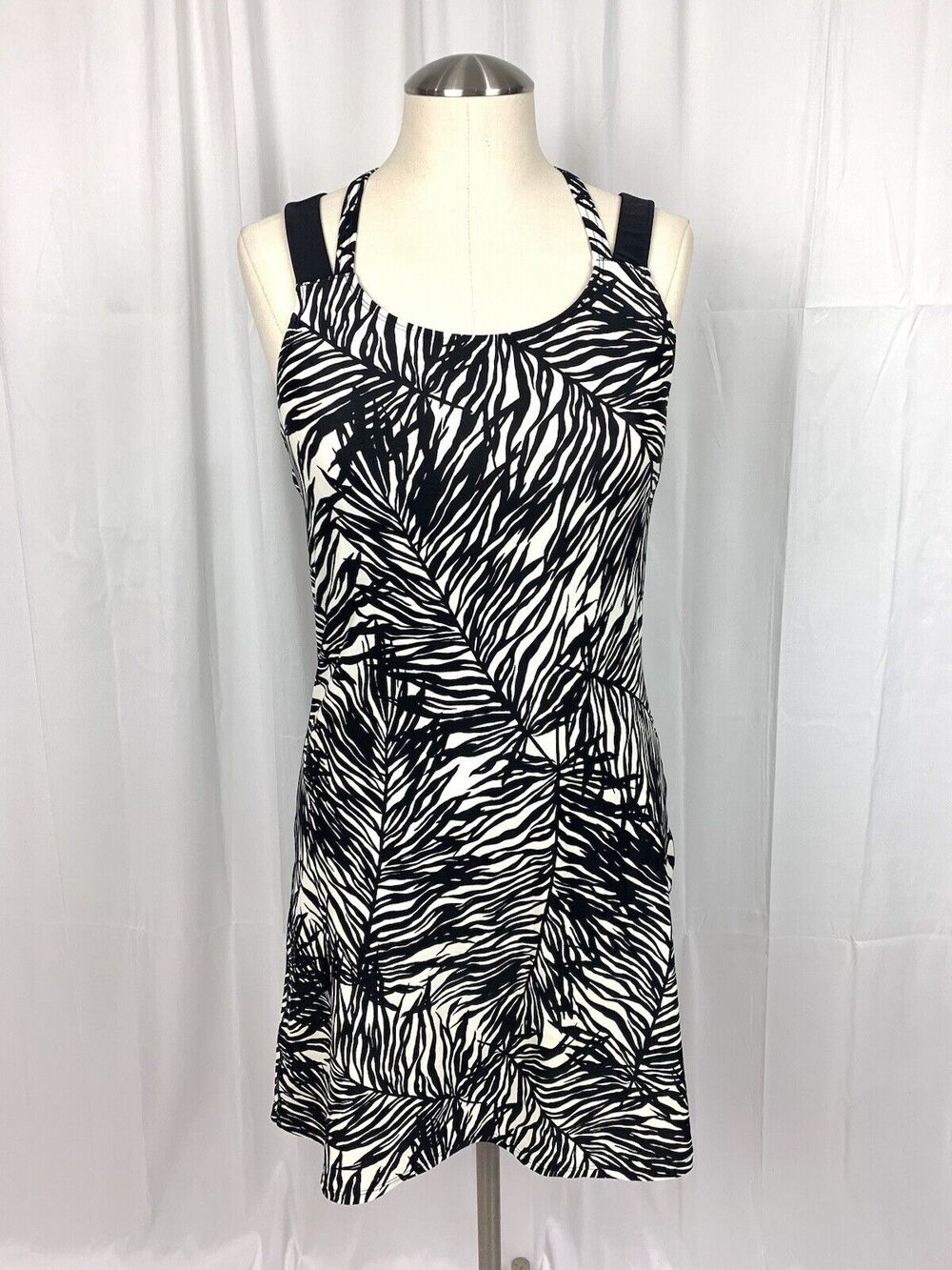 Athleta Midelo Zebra Leaf Swim Dress Black And White Palm Print 34 B/C